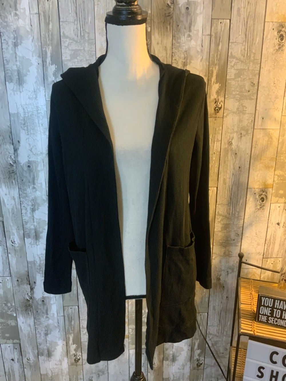 Splendid Black Waffle-Knit Hooded Cardigan